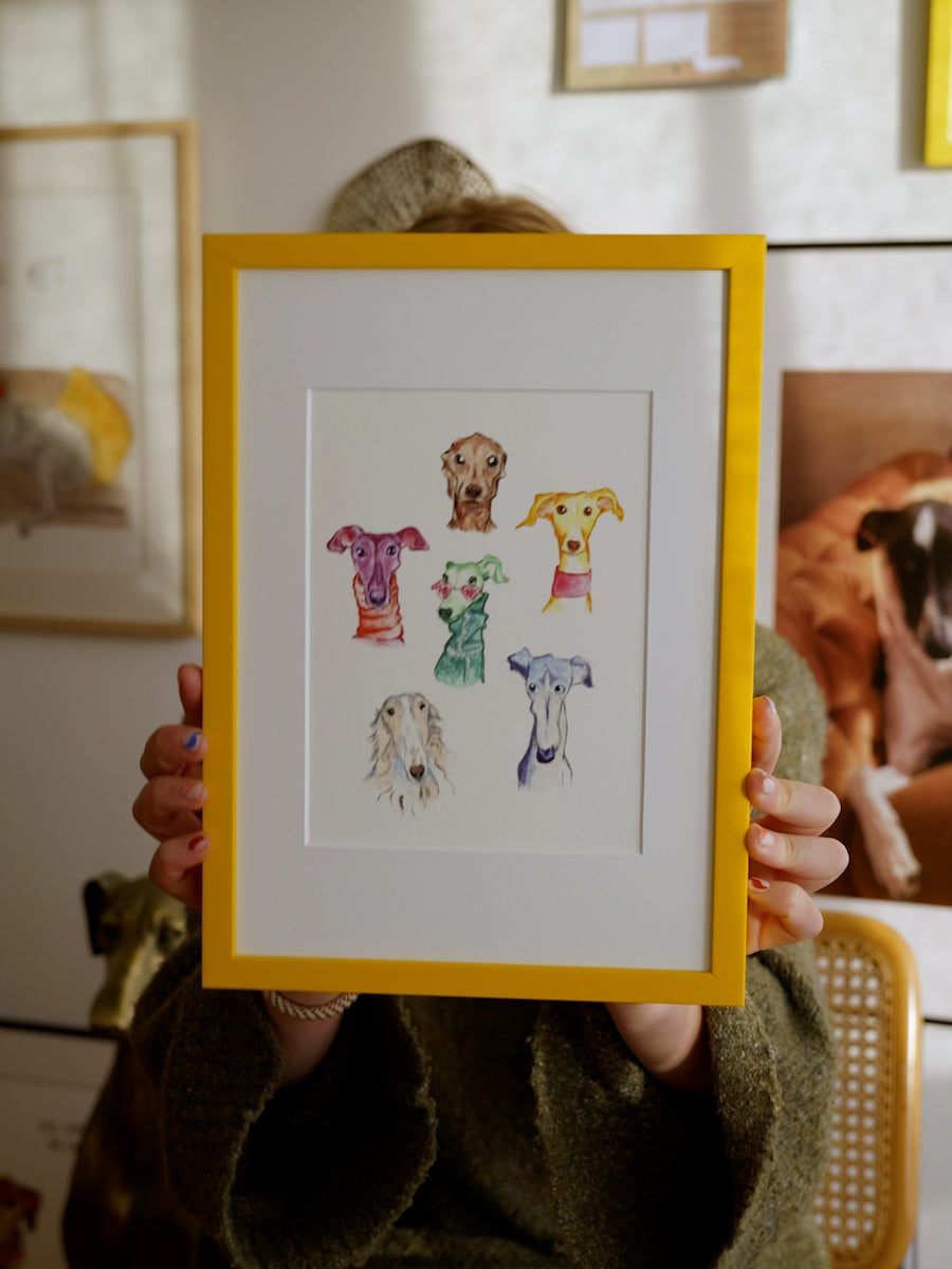 Six pawsome long snouts - Framed Print (Yellow Frame)