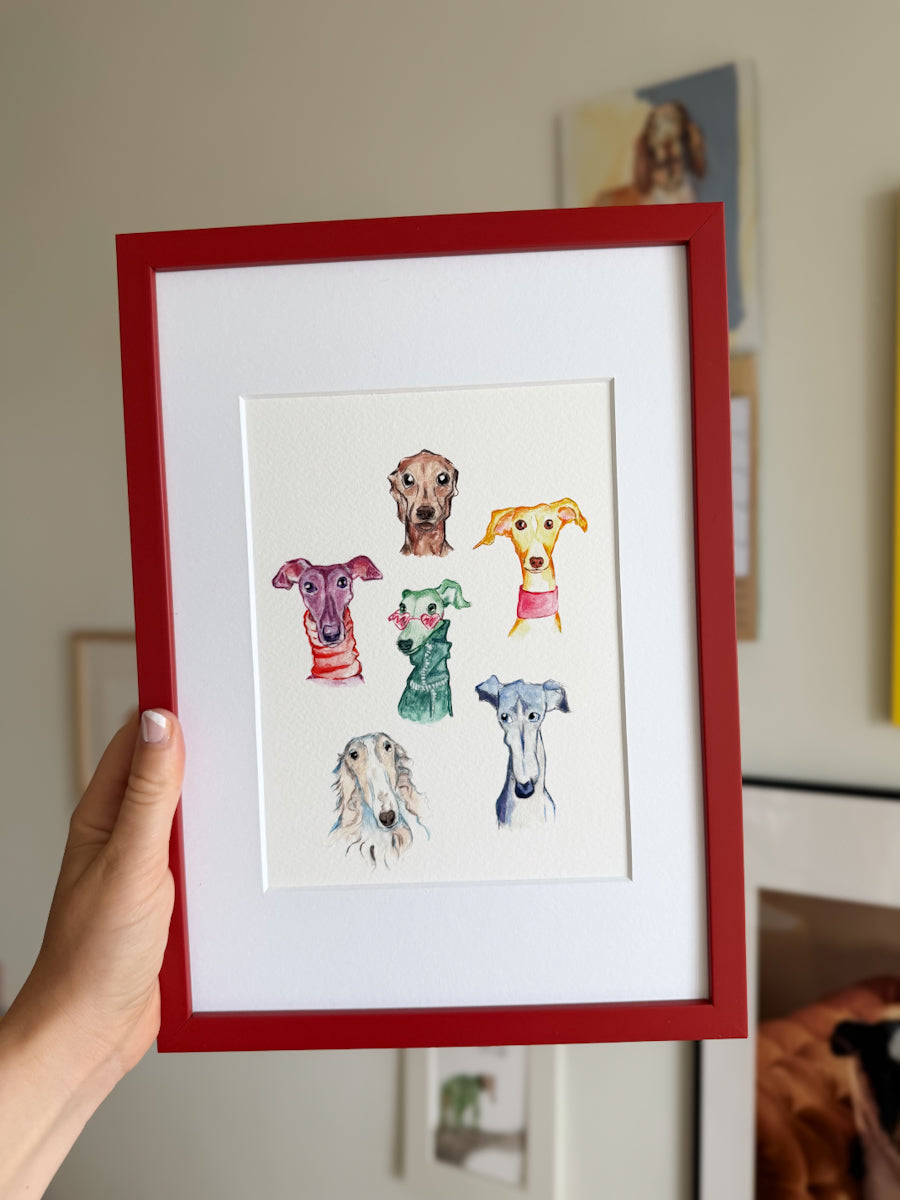 Six pawsome long snouts - Framed Print (Red Frame)