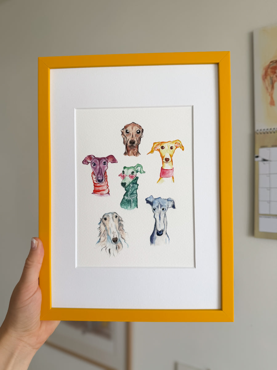 Six pawsome long snouts - Framed Print (Yellow Frame)